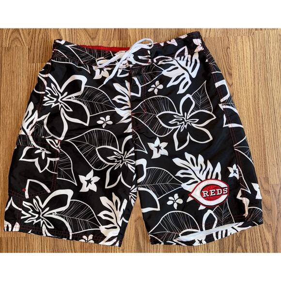 Cincinnati Reds MLB Black Hawaiian Swim Trunks Medium Lined Logo Mens - Picture 1 of 10